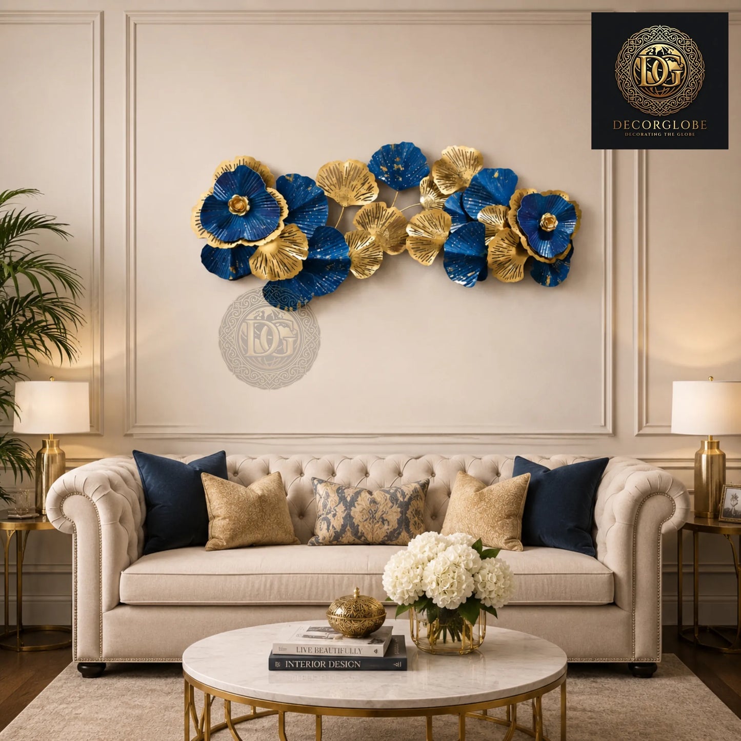 Luxury Blue & Gold Metal Wall Art for Living Room – Modern Floral Wall Decor | Premium Designer Wall Hanging 35 x 15 Inch
