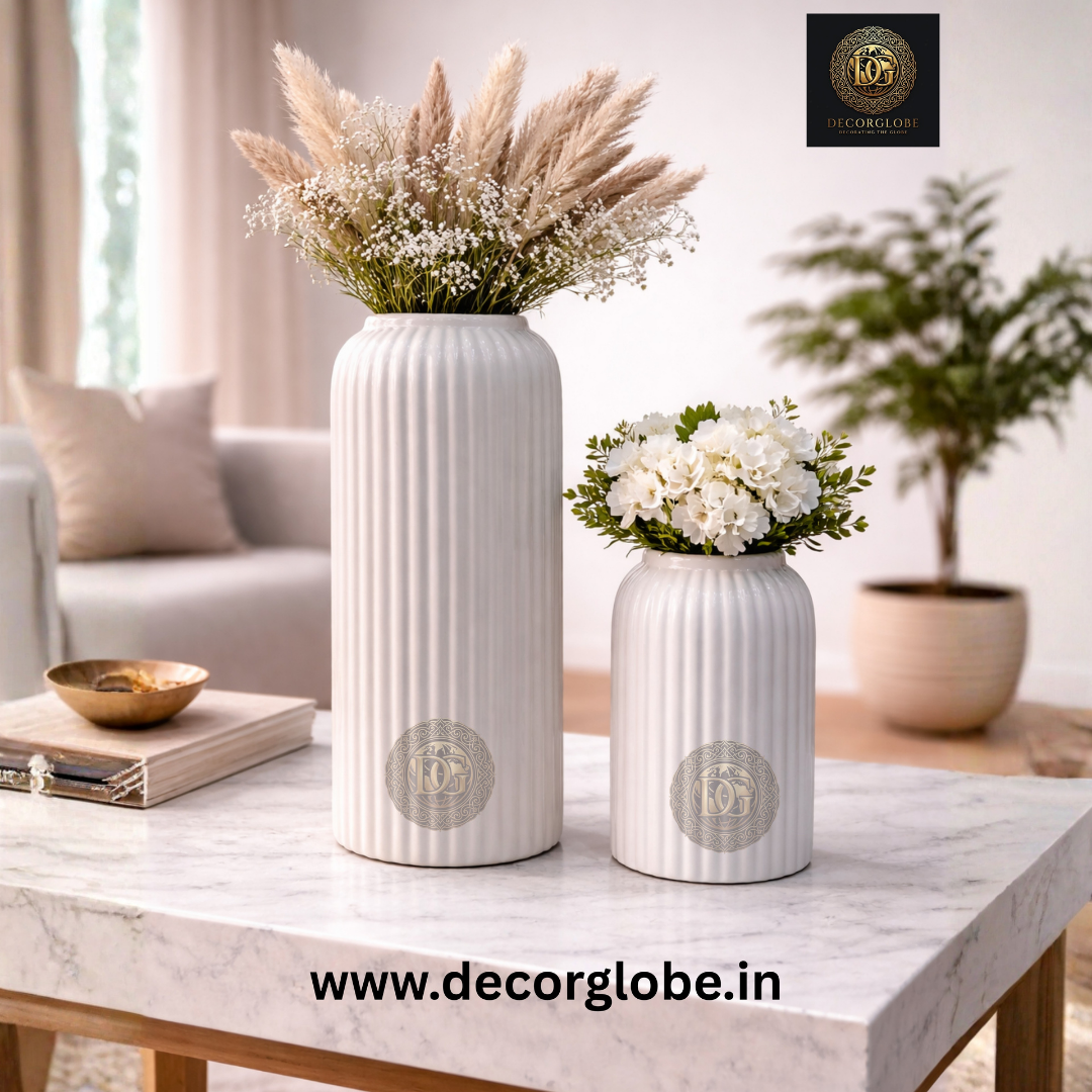 Ribbed White Ceramic Vase Set