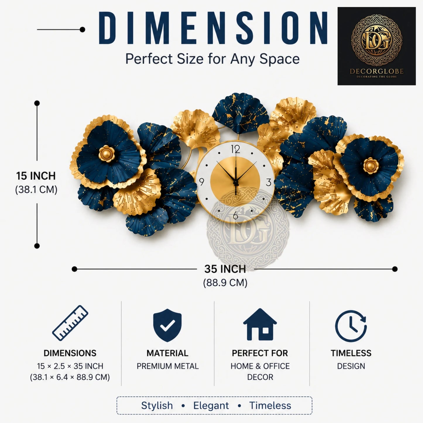 Luxury Blue & Gold Metal Wall Clock for Living Room – Modern Floral Wall Decor | 35 x 15 Inch Premium Wall Art