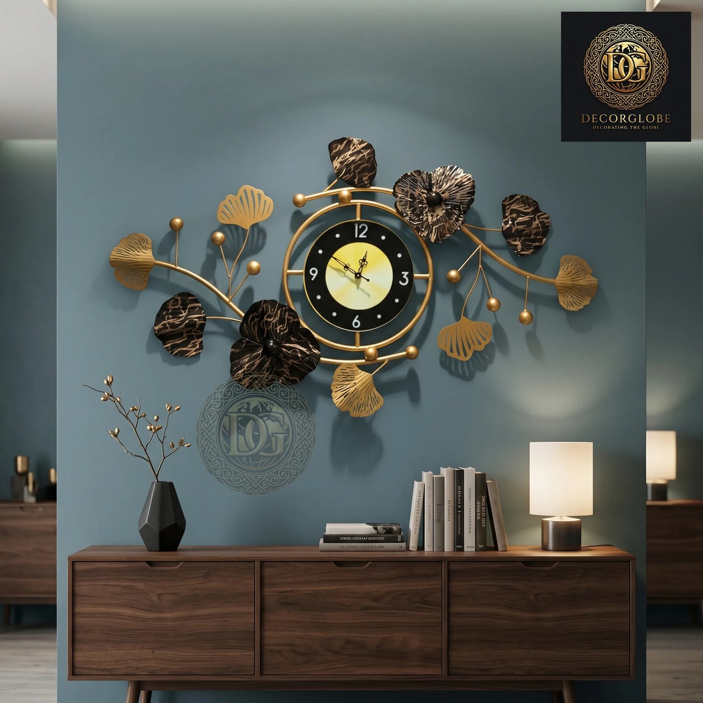 Luxury Black & Gold Metal Wall Clock – Modern Floral Wall Decor for Living Room | Premium Designer Wall Art 36 x 20 Inch