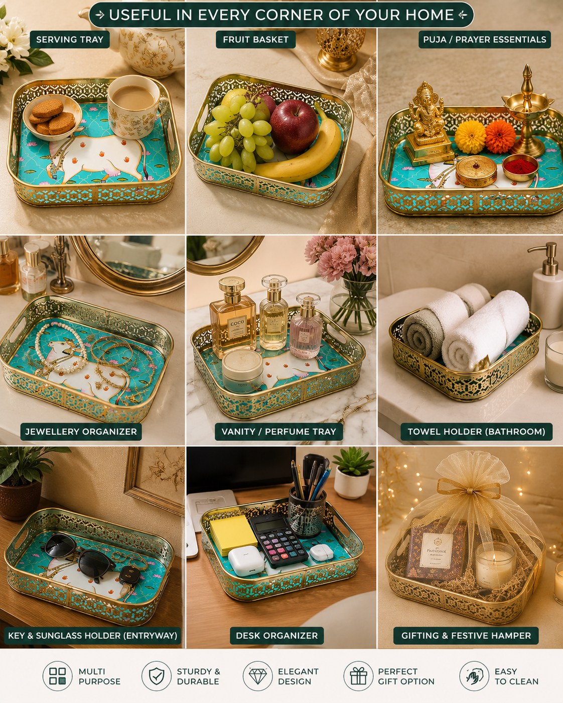 Pichwai Cow Decorative Basket Set of 2 | Gold Finish Metal Serving Tray for Home Decor, Pooja & Gifting
