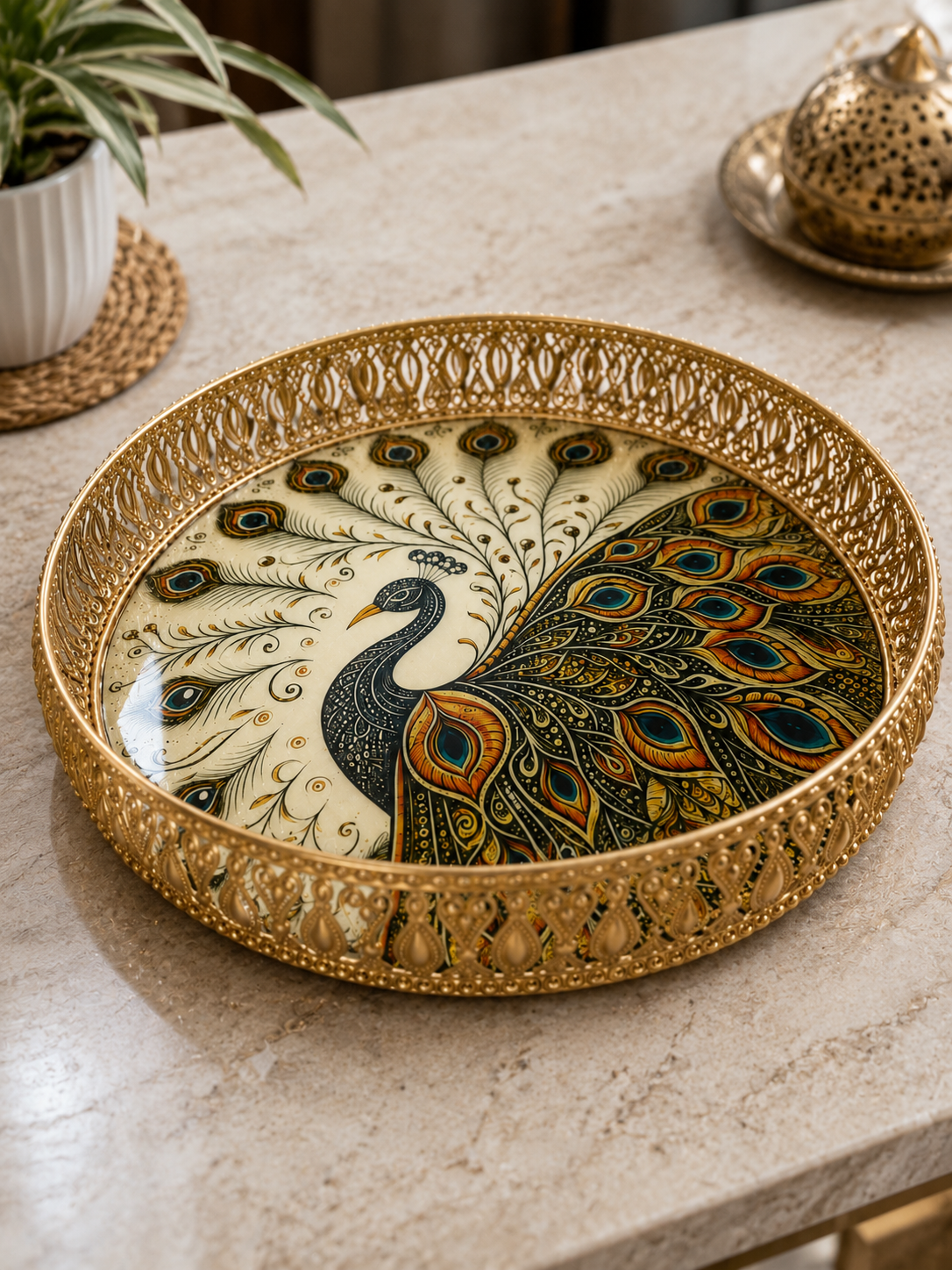 Pichwai peacock metal tray measuring 25 x 25 x 5 cm for home décor and gifting