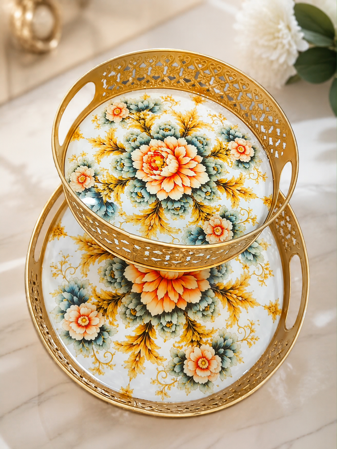 Gold Metal Floral Serving Tray Set of 2 | Round Cutwork Trays with Handles for Dry Fruits, Snacks & Gifting