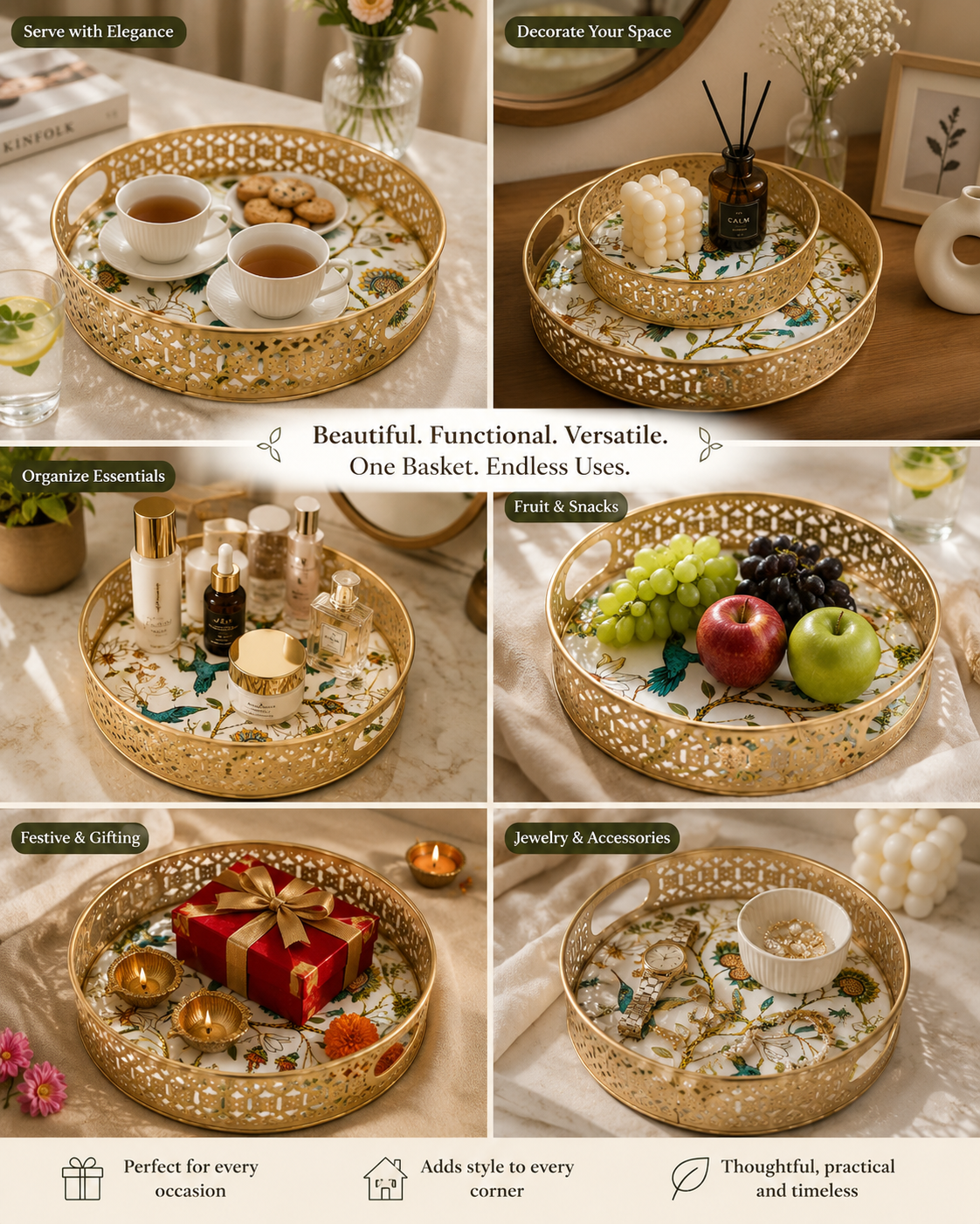 Round floral metal tray set measuring 26 x 26 x 5.5 cm for home décor and gifting
