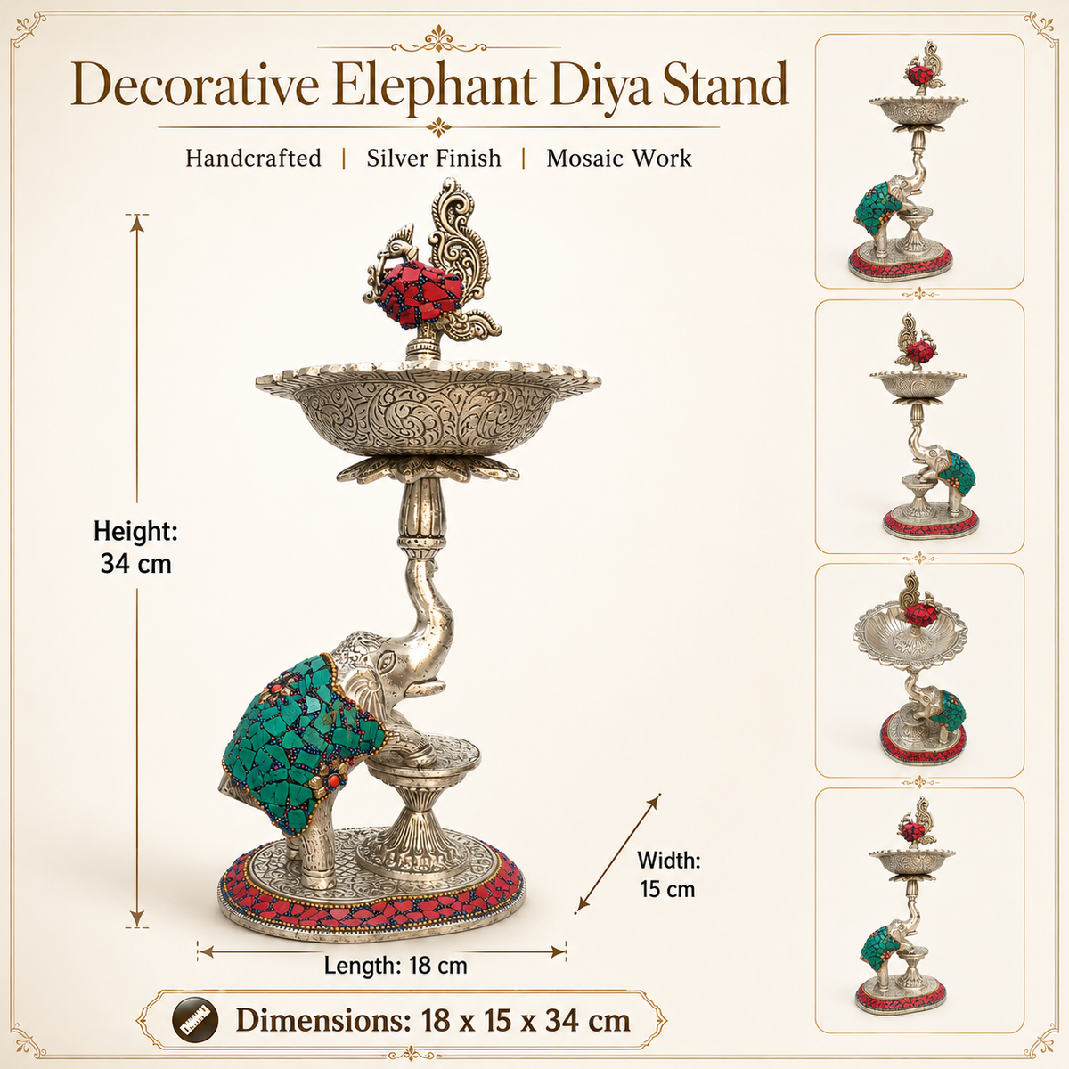 German Silver Elephant Diya Stand with Peacock | Handcrafted Mosaic Deepak for Pooja, Home Décor & Gifting