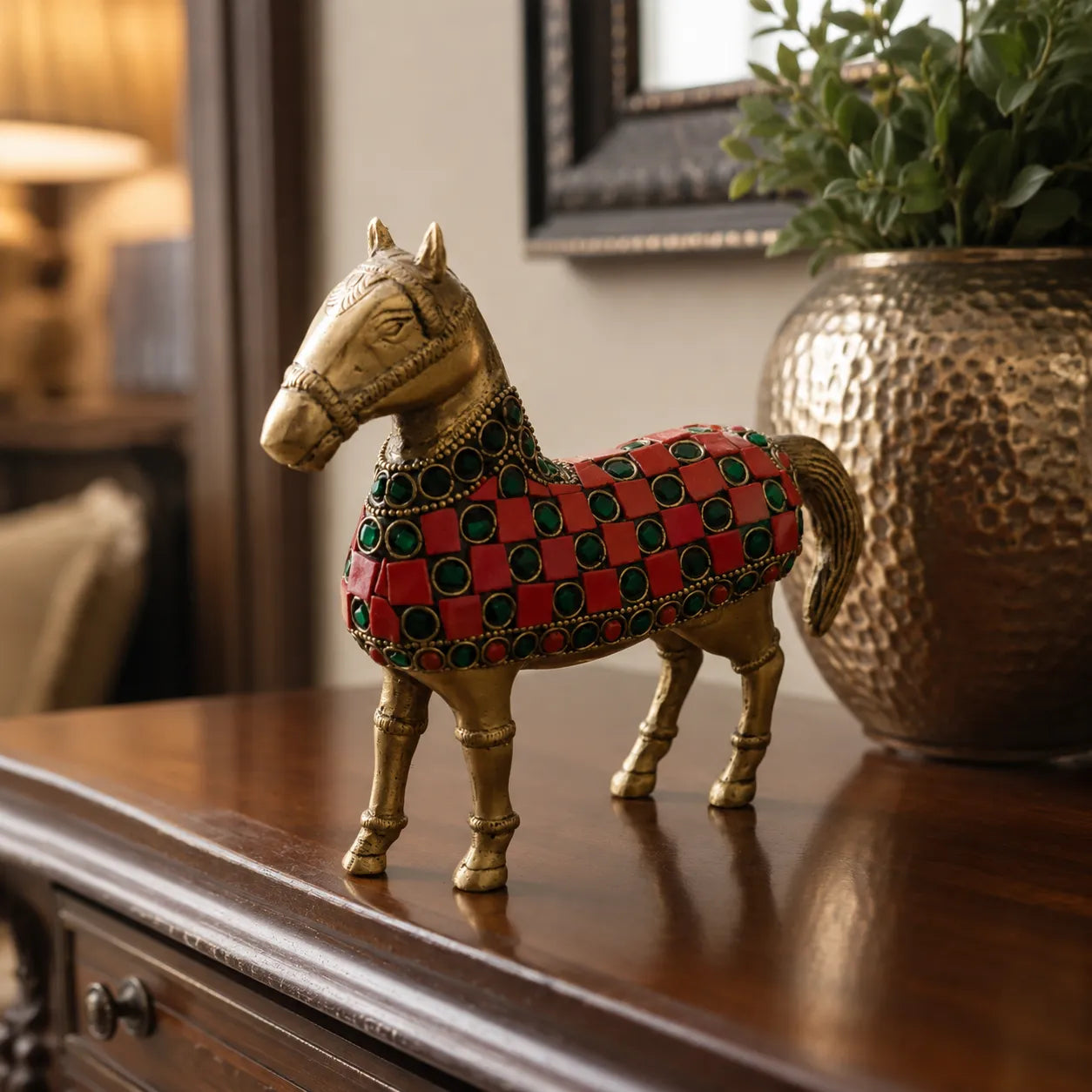 Complete Brass Horse with Red Green Stone Work showpiece