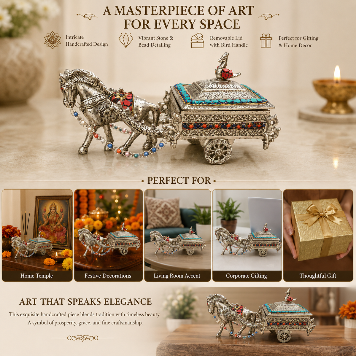 German silver horse cart box with engraved carriage and colourful mosaic detailing