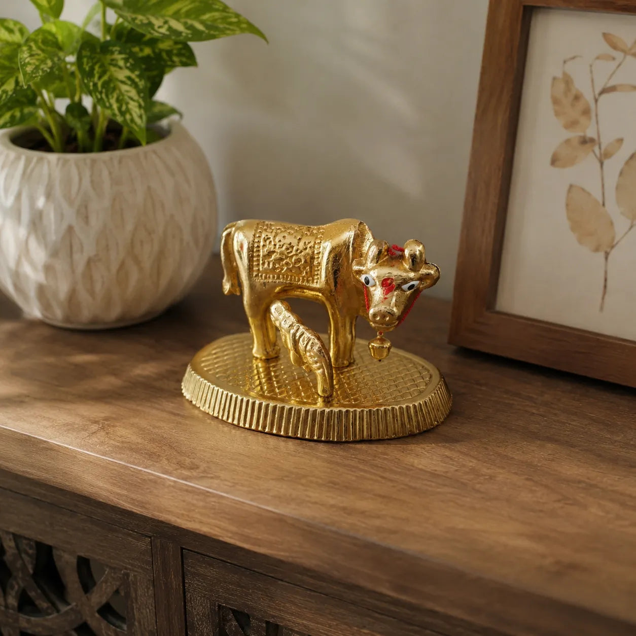Complete Kamdhenu Cow with Calf golden brass showpiece