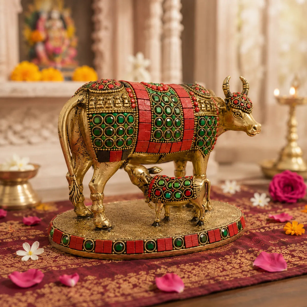 Complete Kamdhenu Cow with Calf Brass Idol with stone work