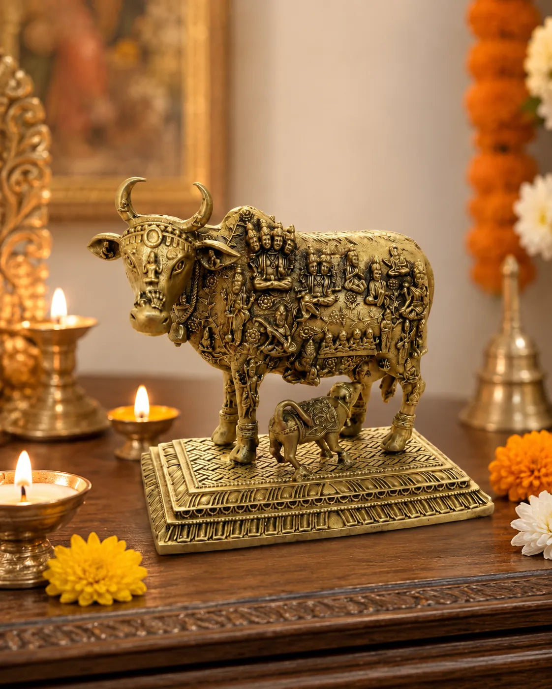 Golden Kamdhenu Cow Idol with Calf