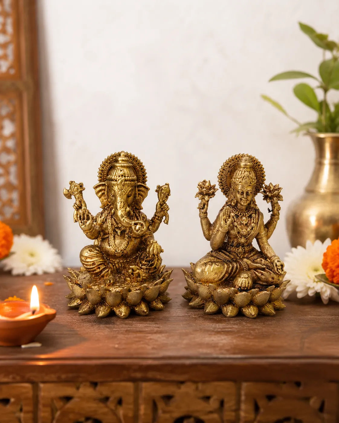 Laxmi Ganesh Ji Brass Idol Pair - Superfine Small Size