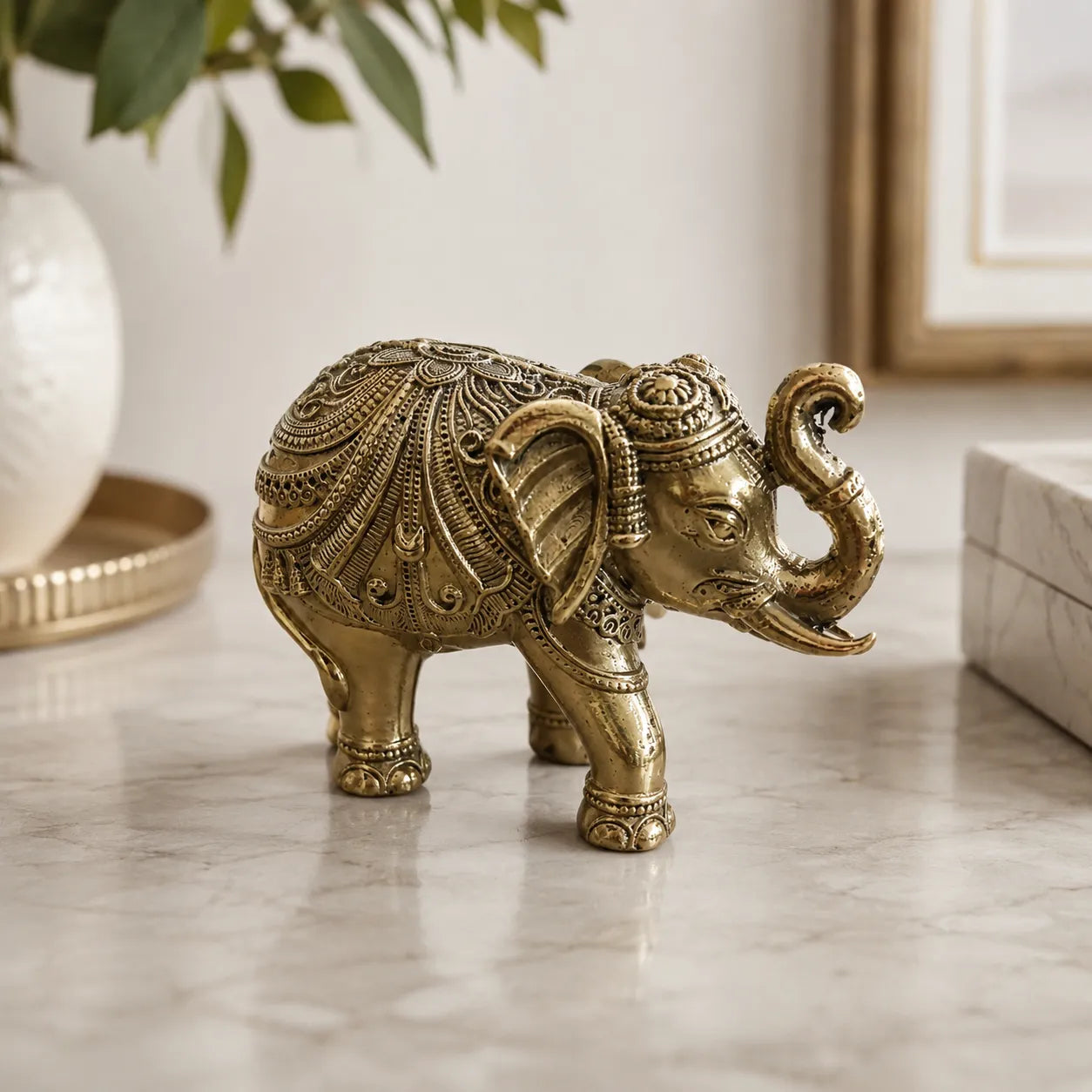 Complete Medium Brass Elephant Showpiece with trunk raised