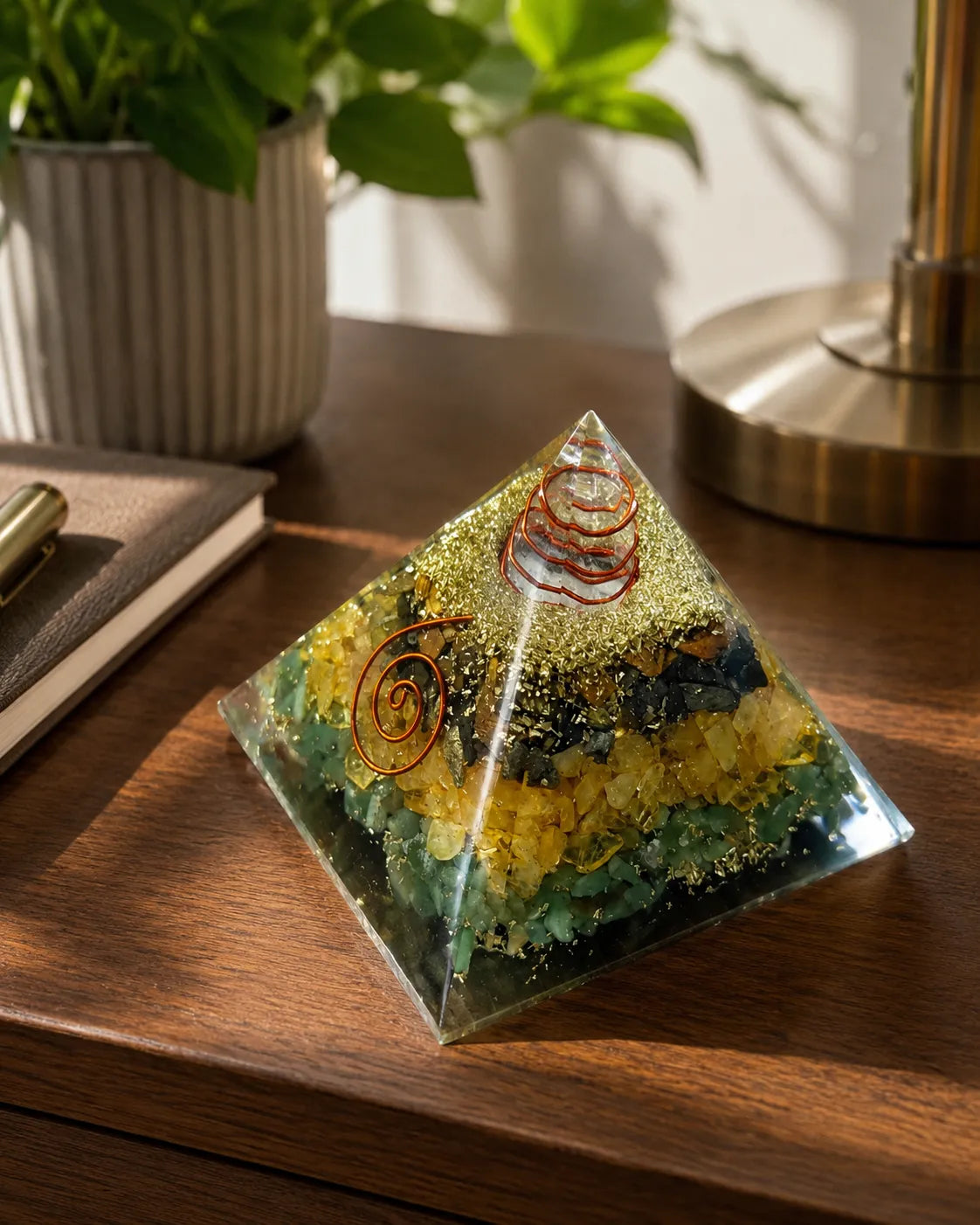 Complete Money Magnet Green Yellow Crystal Orgone Pyramid