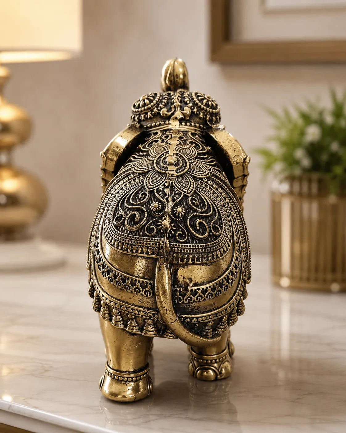 Complete XL Brass Elephant Showpiece with trunk raised