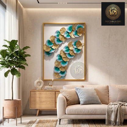 Luxury Gold & Teal Metal Wall Art for Living Room – Modern Leaf Frame Wall Decor | Premium Vertical Wall Hanging 30 x 15 Inch