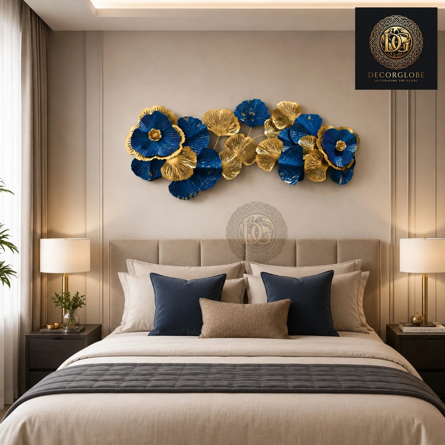 Luxury Blue &amp; Gold Metal Wall Art for Living Room – Modern Floral Wall Decor | Premium Designer Wall Hanging 35 x 15 Inch