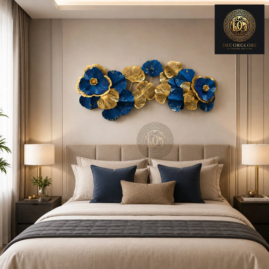 Luxury Blue &amp; Gold Metal Wall Art for Living Room – Modern Floral Wall Decor | Premium Designer Wall Hanging 35 x 15 Inch