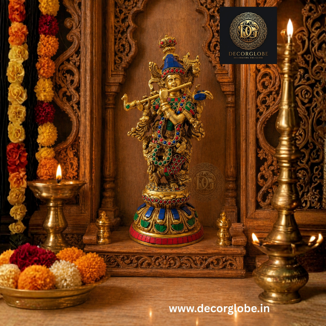Krishna Flute Idol with Multicolor Stone Embellishment
