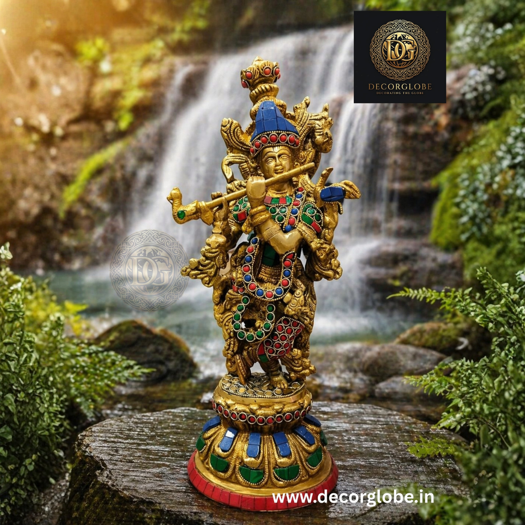 Krishna Flute Idol with Multicolor Stone Embellishment