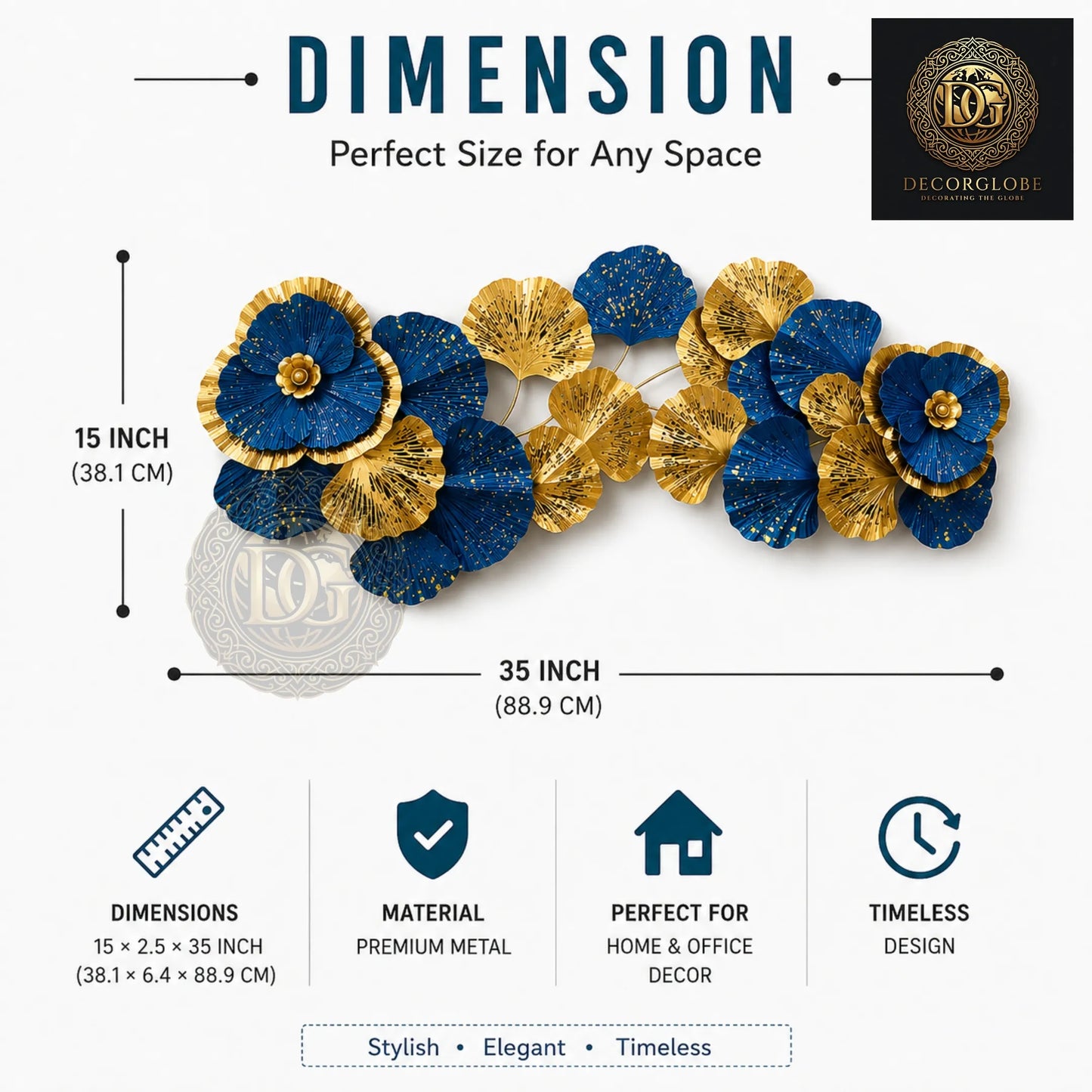 Luxury Blue &amp; Gold Metal Wall Art for Living Room – Modern Floral Wall Decor | Premium Designer Wall Hanging 35 x 15 Inch