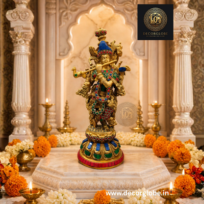 Krishna Flute Idol with Multicolor Stone Embellishment