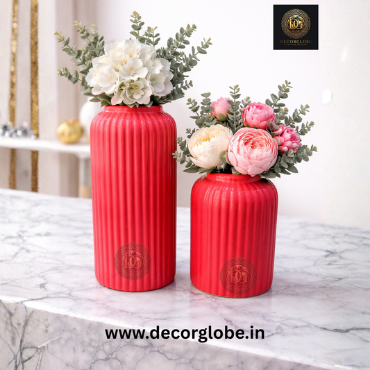 Red Ribbed Decorative Vase Set