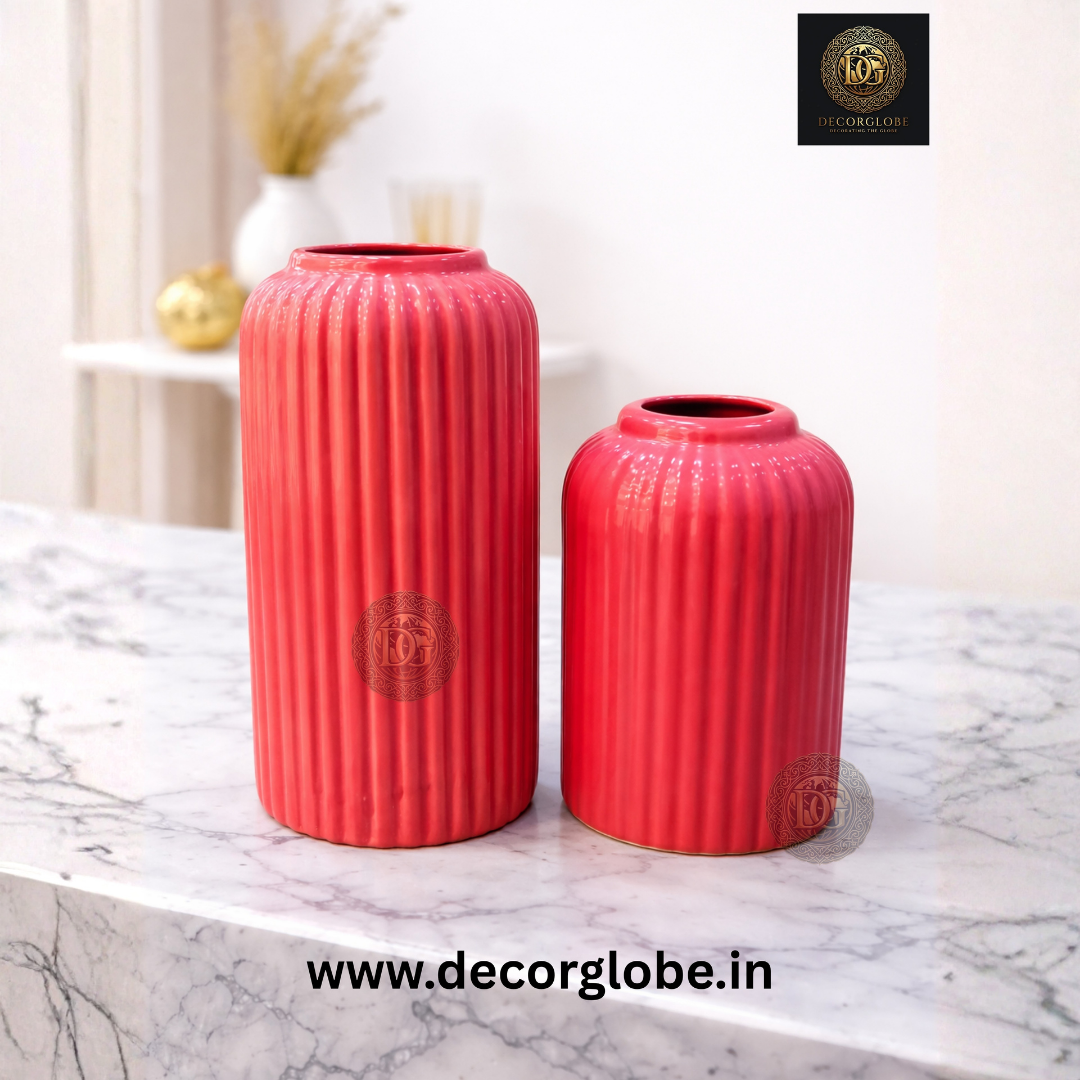 Red Ribbed Decorative Vase Set