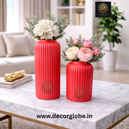 Red Ribbed Decorative Vase Set