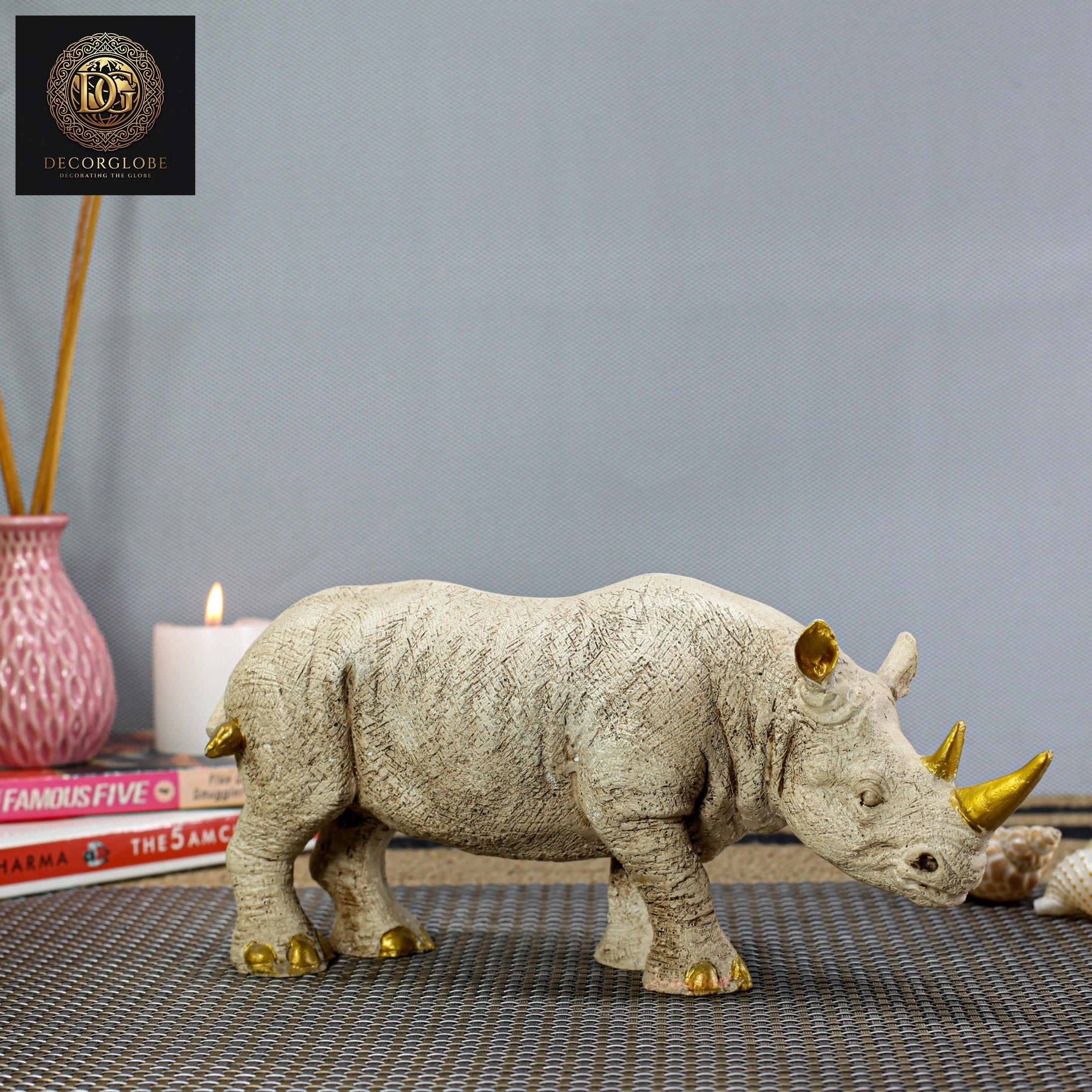Rhino King Ivory With Golden Horns Sculpture Decor Globe Rhino King Ivory With Golden Horns Sculpture Decor Globe