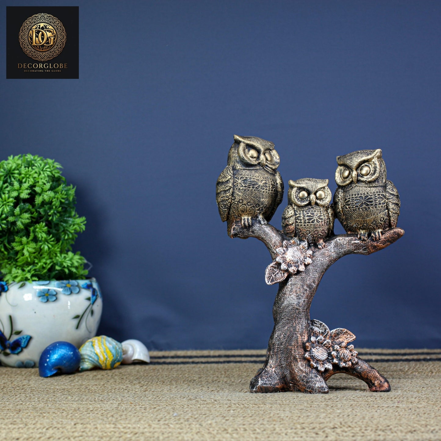 3 Bronze Owls Sitting On A Tree Branch Figurine Polyresin Bird Showpiece