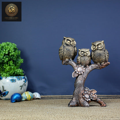 3 Bronze Owls Sitting On A Tree Branch Figurine Polyresin Bird Showpiece