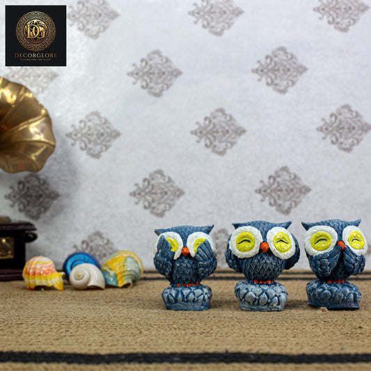 Set of 3 Blue Polyresin Cute Owl Statues Bird Figurines Decorative Showpiece