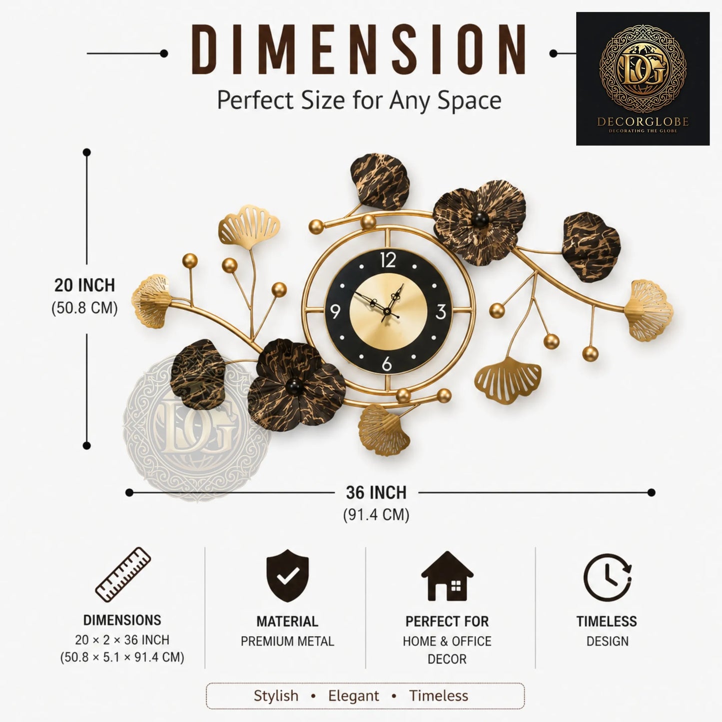 Luxury Black & Gold Metal Wall Clock – Modern Floral Wall Decor for Living Room | Premium Designer Wall Art 36 x 20 Inch
