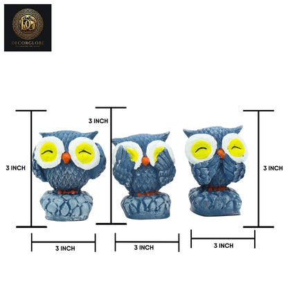 Set of 3 Blue Polyresin Cute Owl Statues Bird Figurines Decorative Showpiece