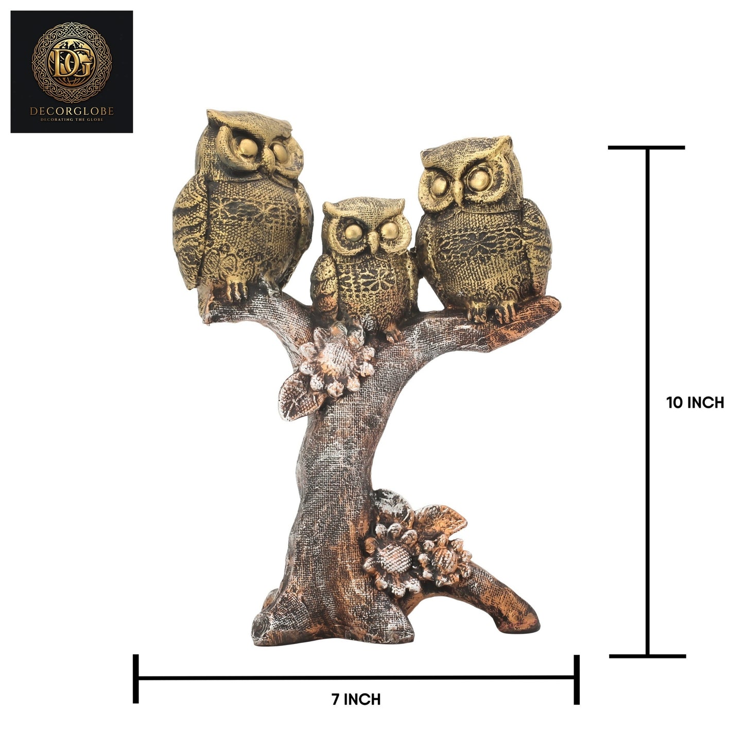 3 Bronze Owls Sitting On A Tree Branch Figurine Polyresin Bird Showpiece
