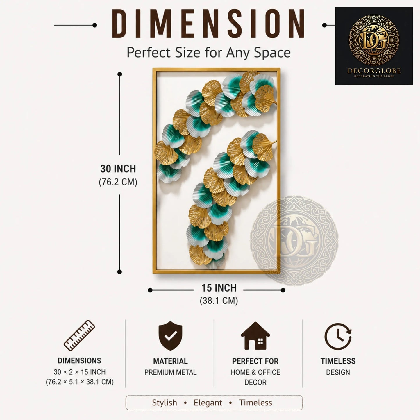 Luxury Gold & Teal Metal Wall Art for Living Room – Modern Leaf Frame Wall Decor | Premium Vertical Wall Hanging 30 x 15 Inch