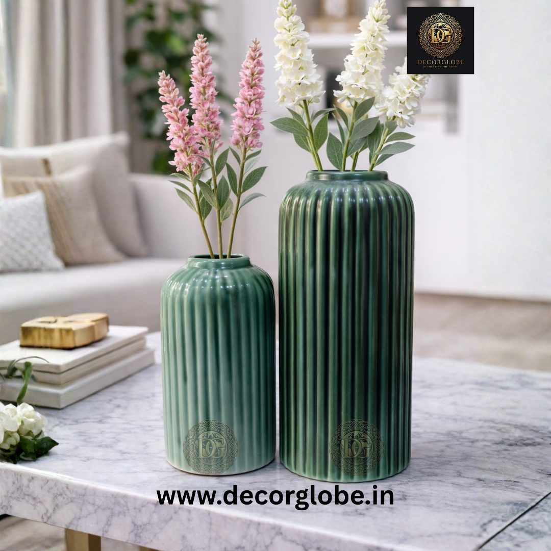 Ribbed Green Ceramic Vase Set