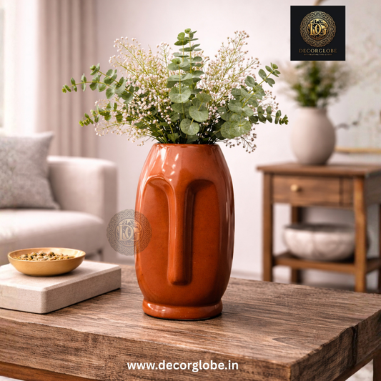 Terracotta Finish Face Design Ceramic Vase