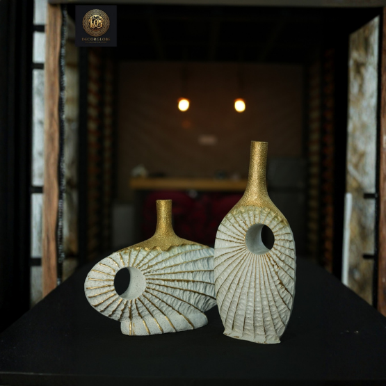 Modern Textured Vase Set (White & Gold Finish)