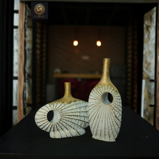 Modern Textured Vase Set (White & Gold Finish)