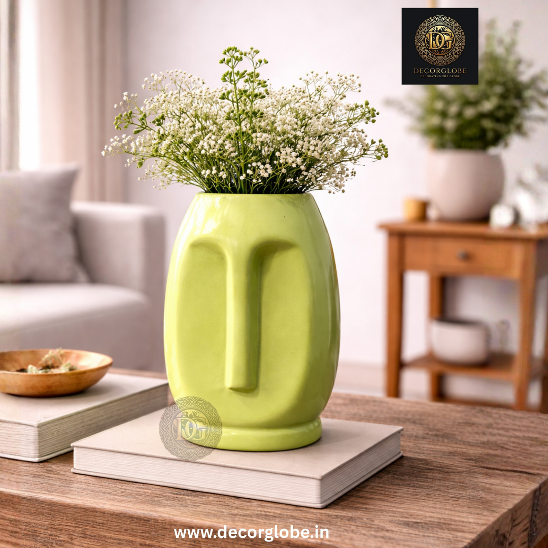 Lime Green Face Design Ceramic Vase