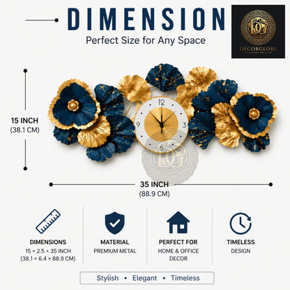Luxury Blue & Gold Metal Wall Clock for Living Room – Modern Floral Wall Decor | 35 x 15 Inch Premium Wall Art