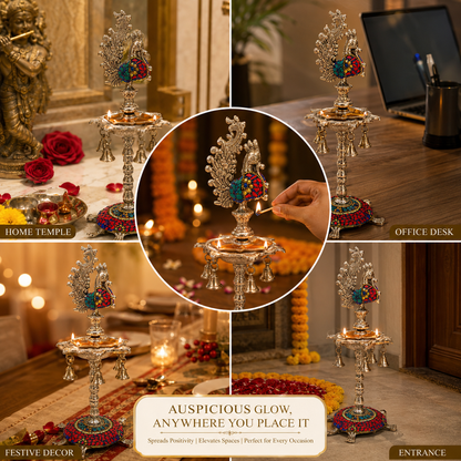 DecorGlobe German Silver Peacock Diya Stand with Hanging Bells | Handcrafted Mosaic Pooja & Home Decor – 43 cm