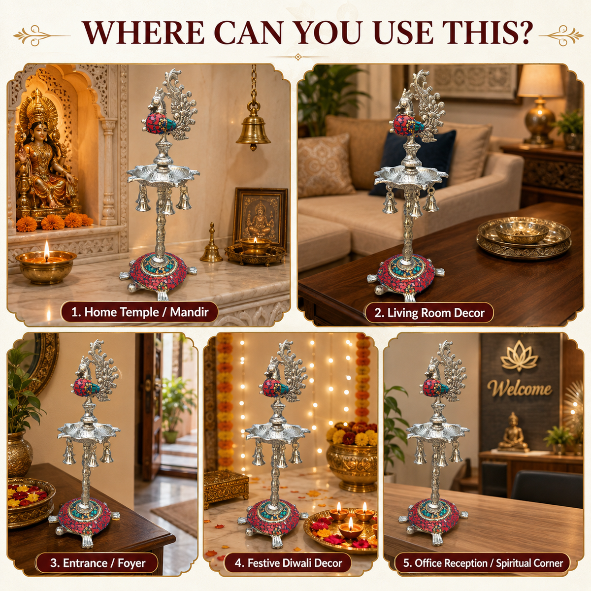 DecorGlobe German Silver Peacock Diya Stand with Hanging Bells | Handcrafted Mosaic Pooja & Home Decor – 43 cm