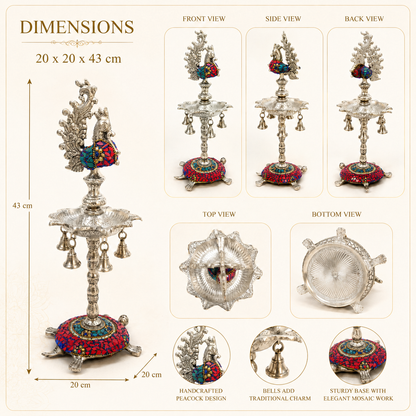 DecorGlobe German Silver Peacock Diya Stand with Hanging Bells | Handcrafted Mosaic Pooja & Home Decor – 43 cm