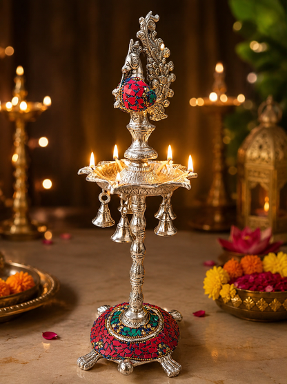 DecorGlobe German Silver Peacock Diya Stand with Hanging Bells | Handcrafted Mosaic Pooja & Home Decor – 43 cm