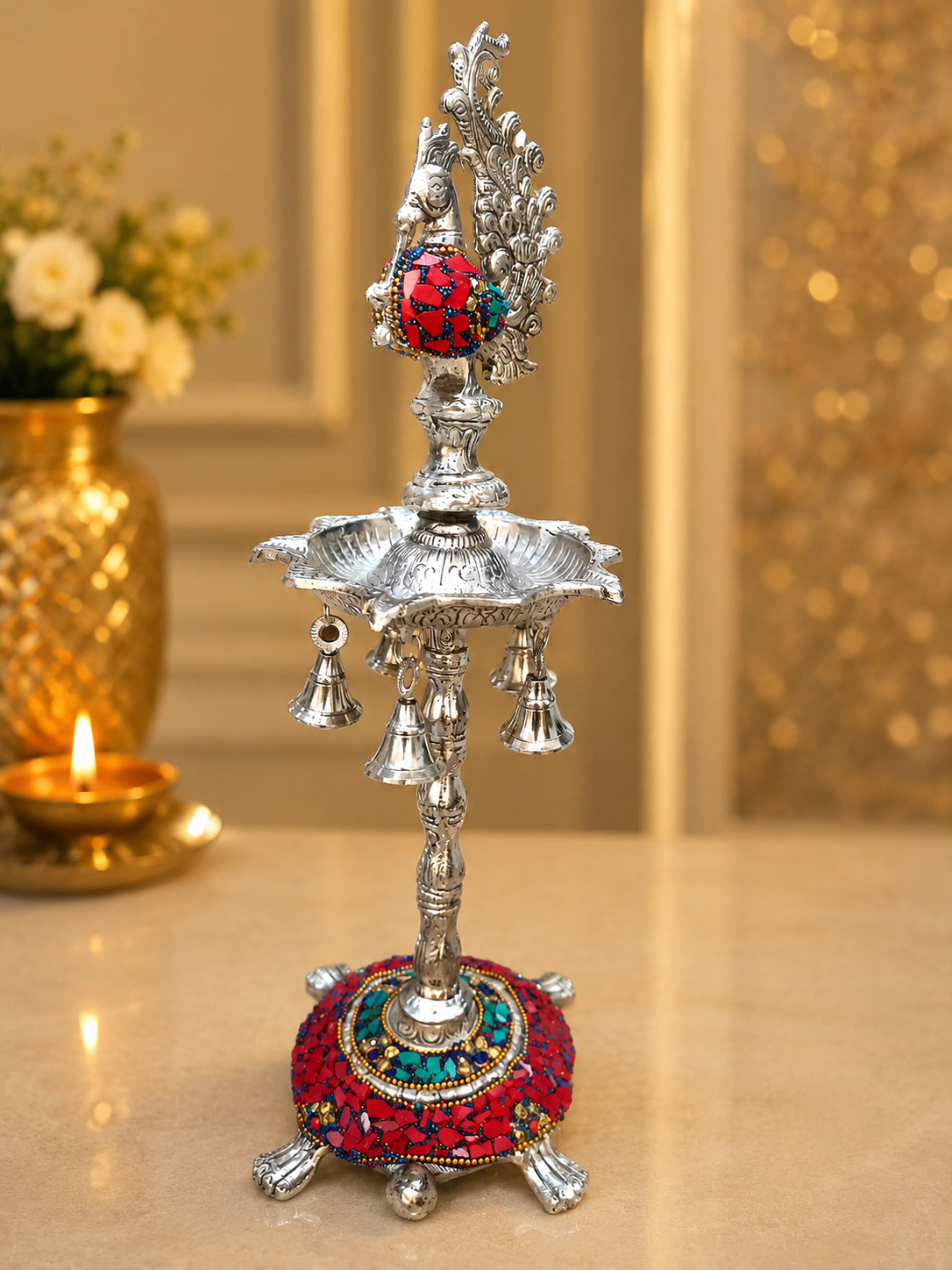 DecorGlobe German Silver Peacock Diya Stand with Hanging Bells | Handcrafted Mosaic Pooja & Home Decor – 43 cm