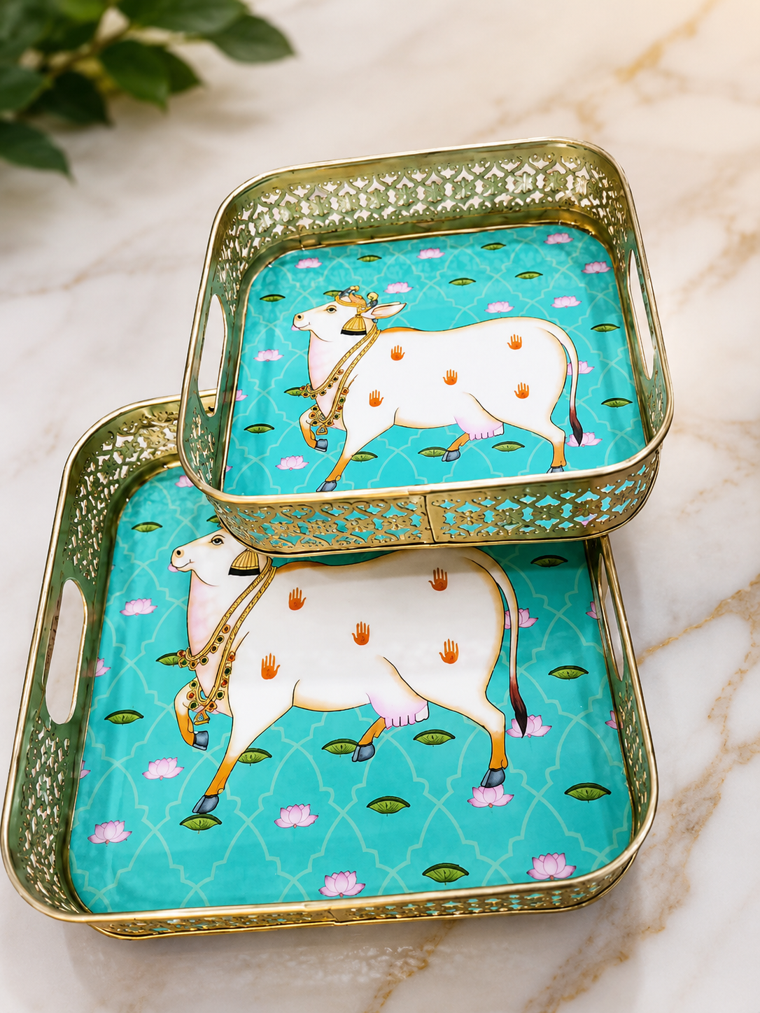 Pichwai Cow Decorative Basket Set of 2 | Gold Finish Metal Serving Tray for Home Decor, Pooja & Gifting