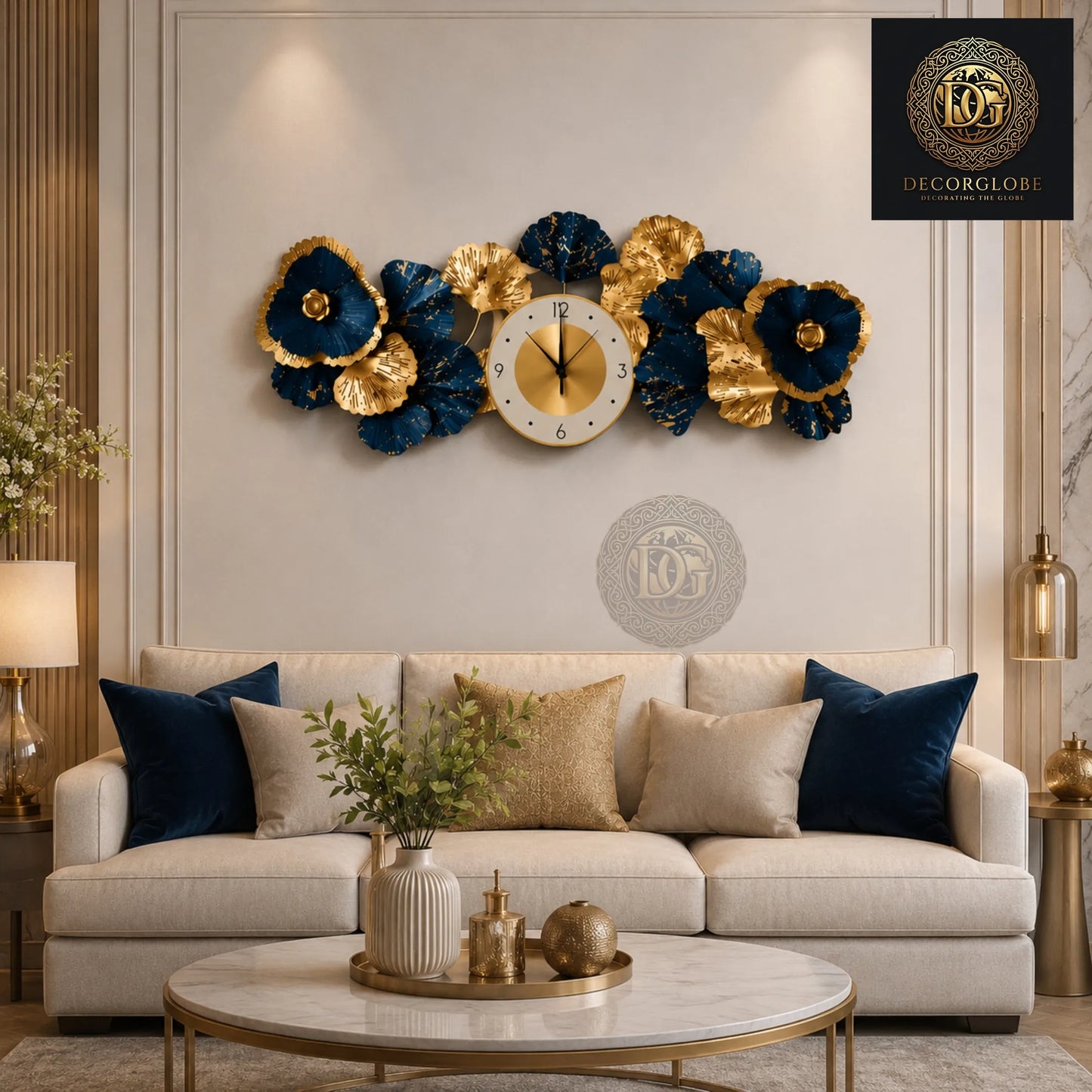 Luxury Blue & Gold Metal Wall Clock for Living Room – Modern Floral Wall Decor | 35 x 15 Inch Premium Wall Art