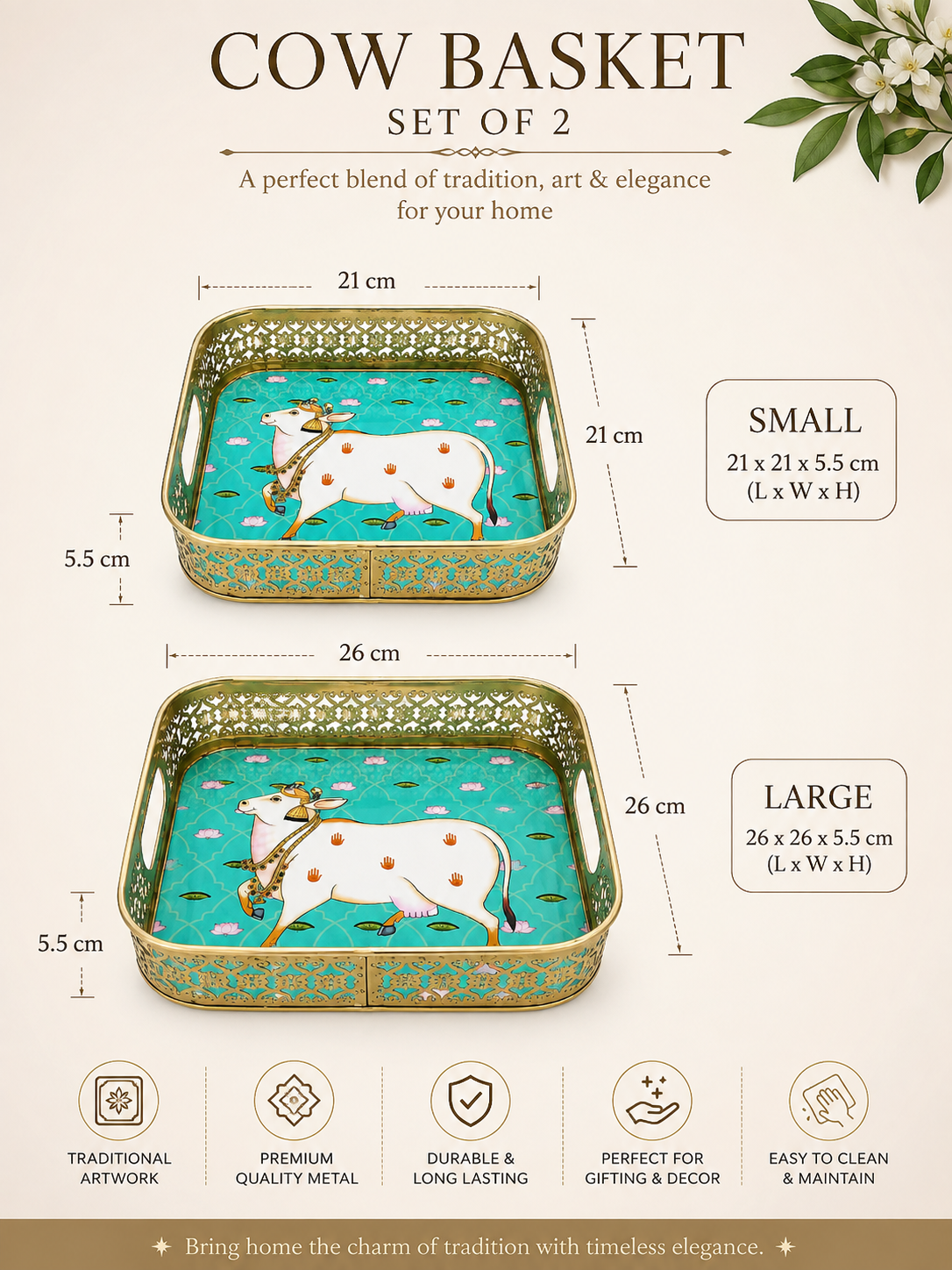Pichwai Cow Decorative Basket Set of 2 | Gold Finish Metal Serving Tray for Home Decor, Pooja & Gifting